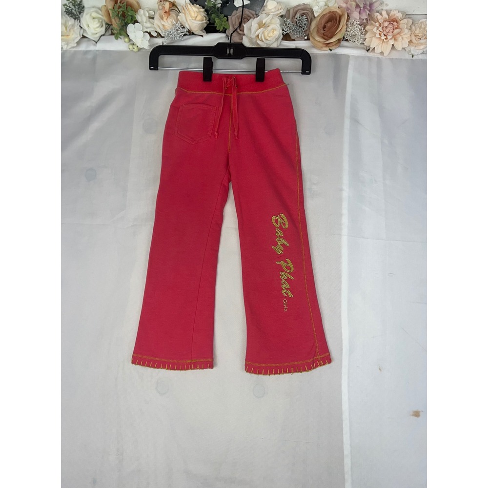 Vntg baby Phat Girls Pink Flare‎ Sweatpants Gold Cat Logo Y2K Size 4 RN60237 USA